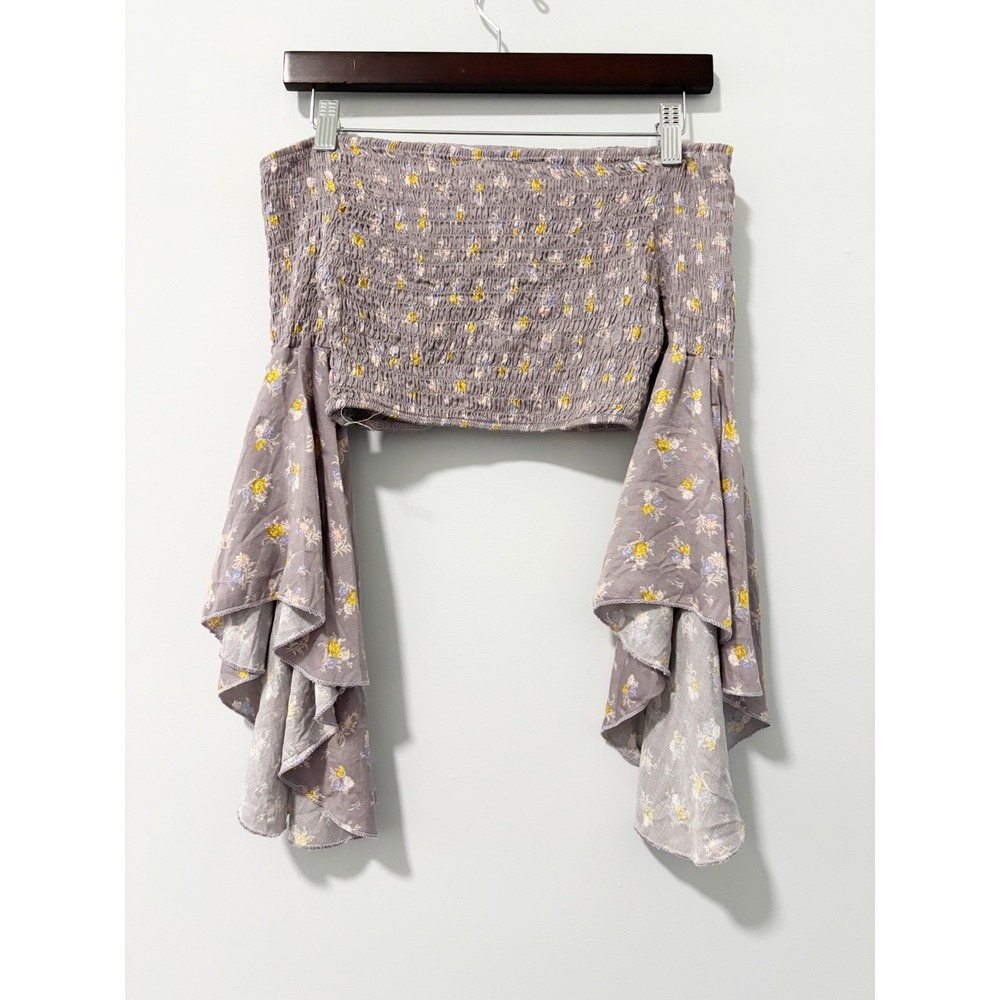 Don't Ask Why Crop Top Womens OS Purple Floral Smocked Bell Ruffle Sleeve Boho